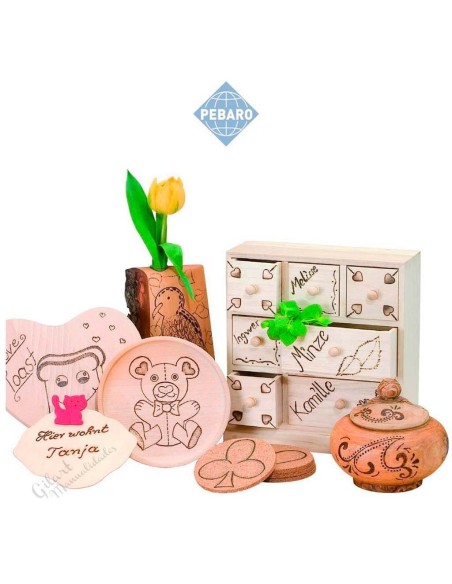 Muestras de grabado permanente en madera y cuero con el pirograbador 0260.