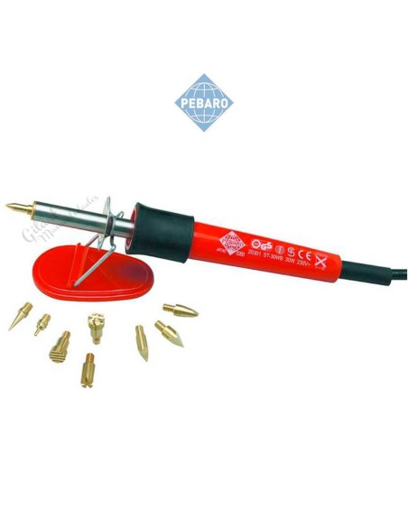 Mango ergonómico del pirograbador Pebaro 0260 apoyado en su soporte metálico de seguridad.