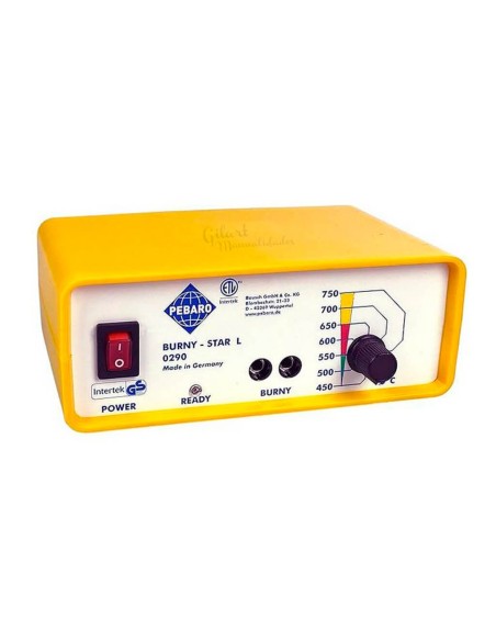 Unidad de control Pebaro Burny Star L con selector de temperatura ajustable de 450 a 750 grados.