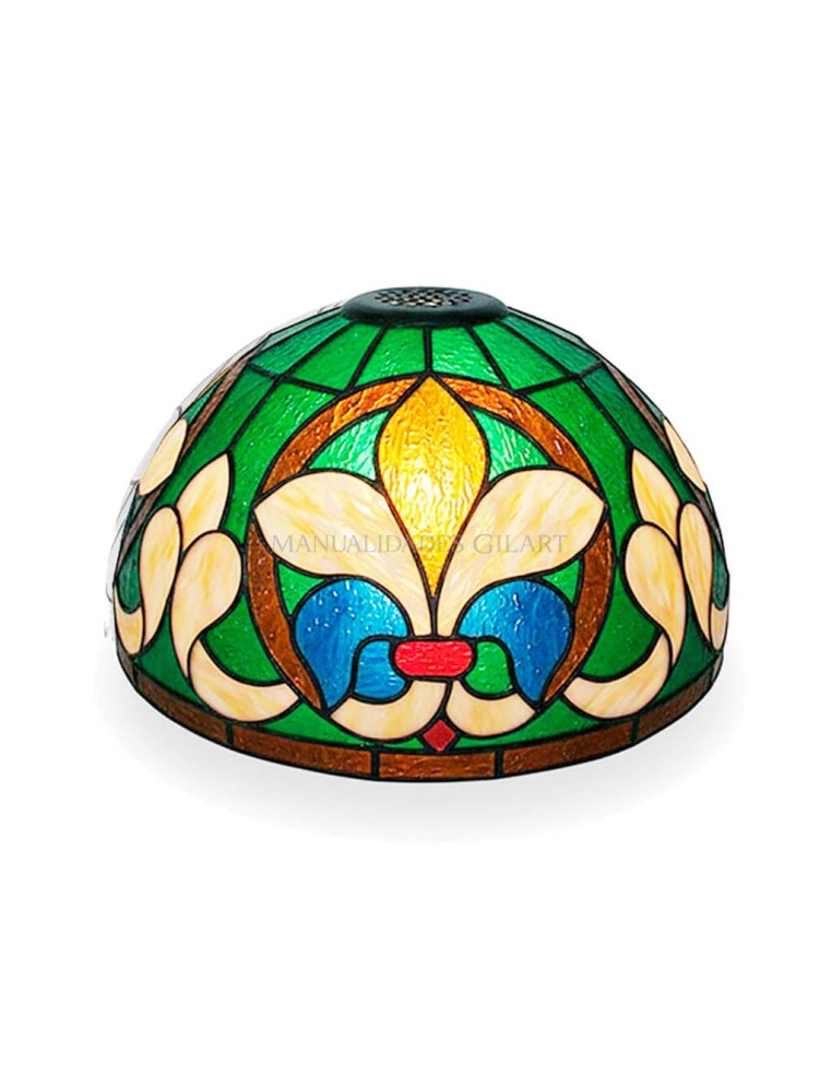 Pantalla Tiffany Flor de lis Círculo 20 cm finalizada con plomo de relieve y pintura para cristal.