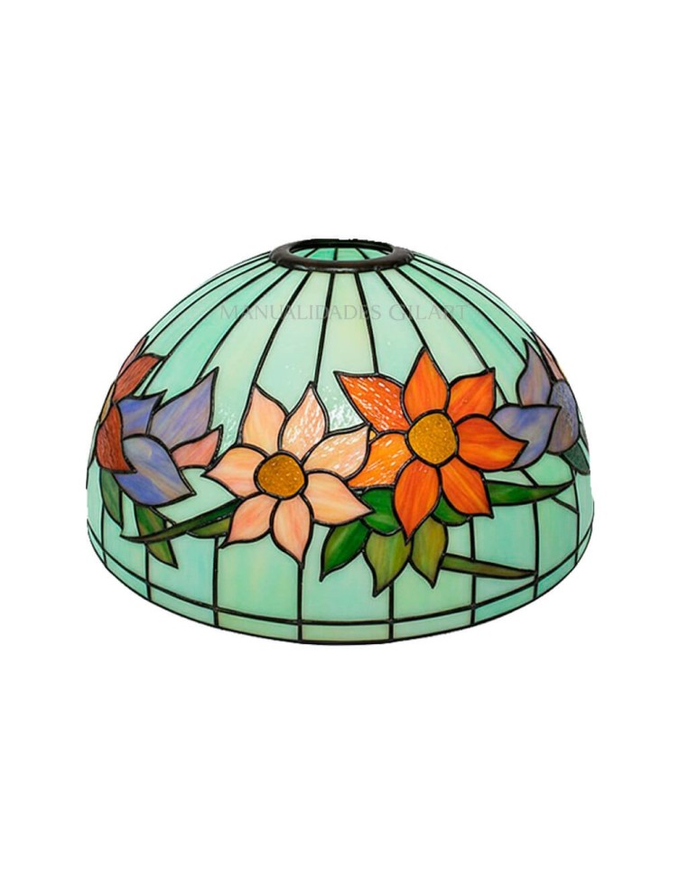 Pantalla Tiffany Flores 20 cm finalizada con plomo de relieve y pintura para cristal.