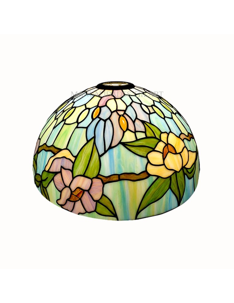Pantalla Tiffany de 25 cm pintada a mano con flores de colores y efecto vitral.