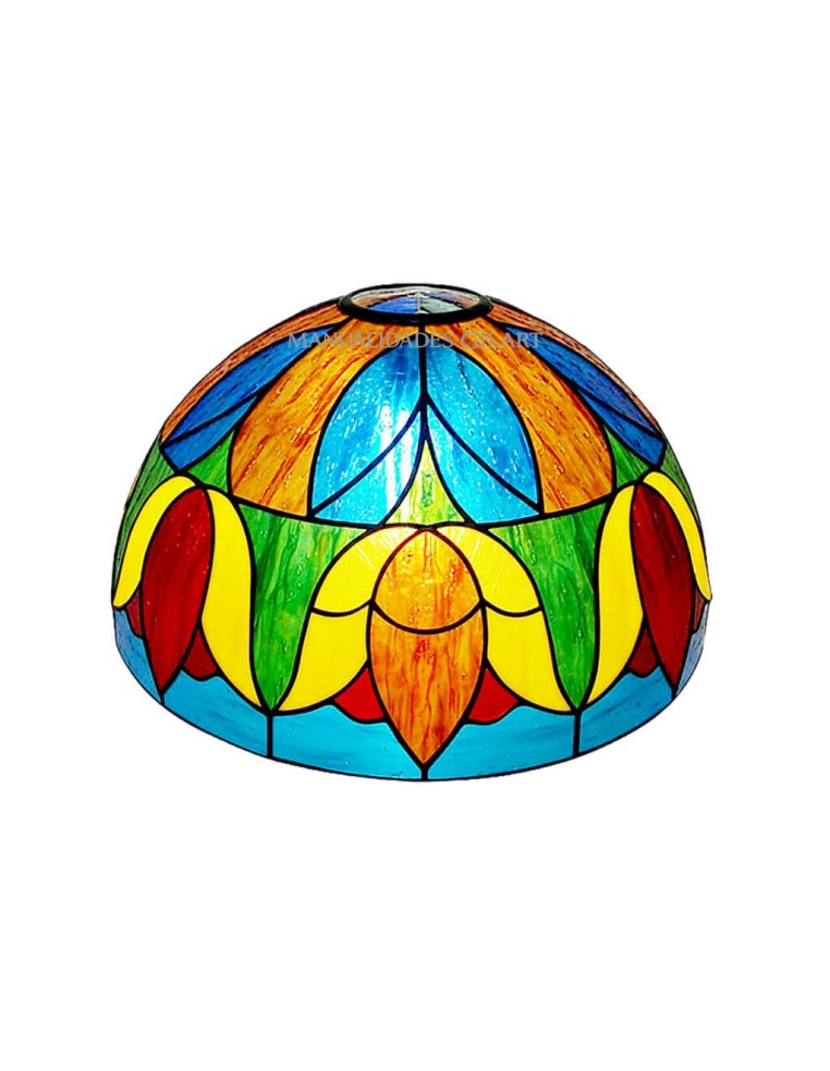 Pantalla Tiffany de 25 cm pintada a mano con diseño de tulipanes en colores vibrantes.