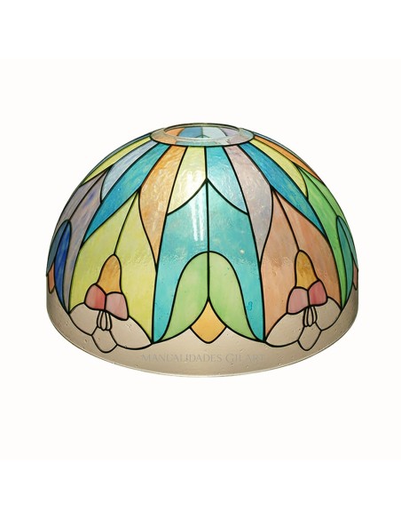 Pantalla Tiffany de 25 cm pintada a mano con diseño geométrico y floral en tonos pastel.