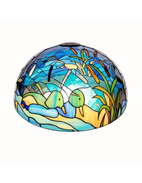 Muestra pintada de la pantalla Patos en el Lago 30 cm con azules intensos y tonos cálidos.