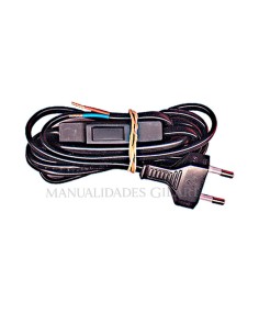 Cable de conexión eléctrica negro de 2 metros con interruptor y clavija para proyectos de iluminación artesanal.