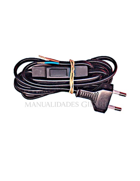 Cable de conexión eléctrica negro de 2 metros con interruptor y clavija para proyectos de iluminación artesanal.