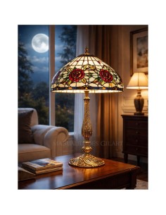 Ejemplo de lámpara terminada con pantalla estilo Tiffany y pie pera de zamak bronce 31 cm.