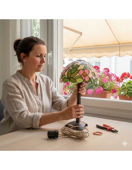 Artesana montando lámpara Tiffany con pie de pera en zamak bronce. Ejemplo de manualidades Gilart.