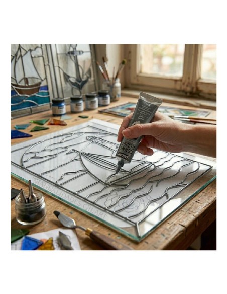 Aplicación detallada de contorno de relieve plata sobre cristal para imitar vitrales.