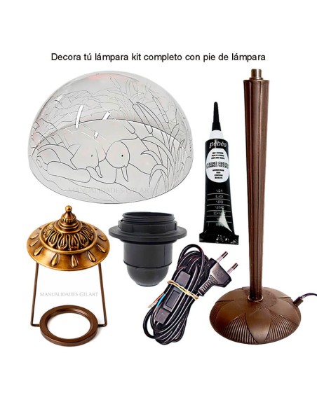 Kit completo de lámpara Tiffany Patos lago pantalla metacrilato 30 cm y pie cónico con accesorios.