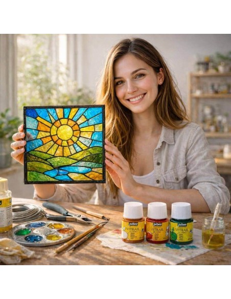 Resultado decorativo brillante con efecto vidriera real usando Pebeo Vitrail.