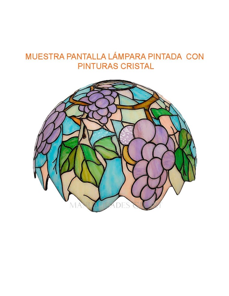 Resultado final de la pantalla Tiffany Uvas decorada con pinturas para Cristal y efecto vitral.