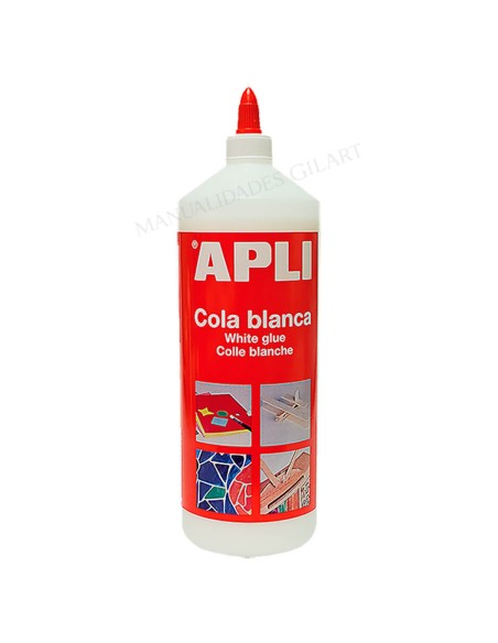 Botella de Cola Blanca Apli de 1000 g para madera, bellas artes y manualidades con aplicador de precisión.