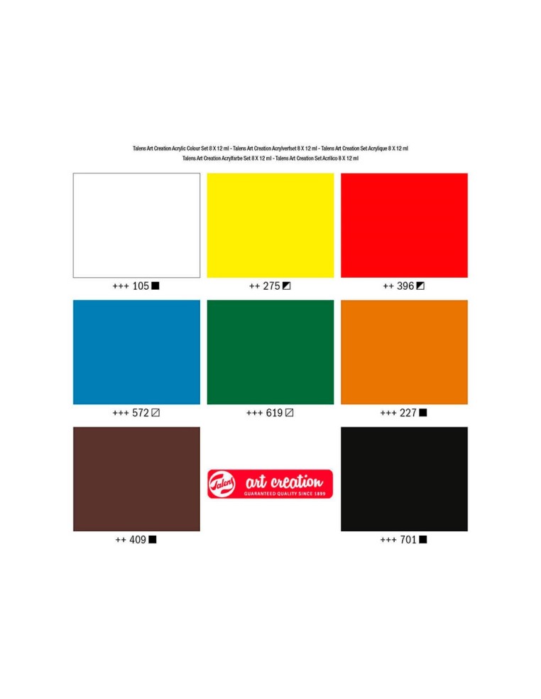 Carta de colores y pigmentos incluidos en el set de 8 acrílicos Art Creation