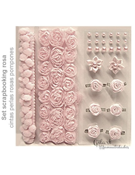 Set-scrapbooking-pompones-cintas-perlas-rosas-tonos-rosados