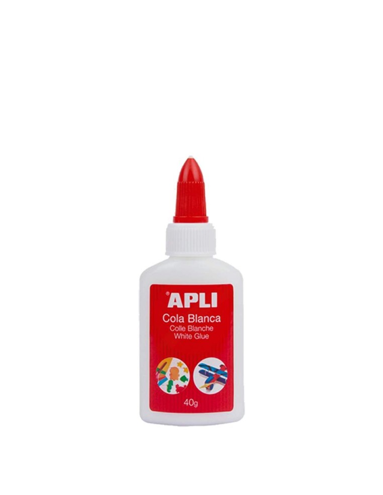 Bote de cola blanca Apli de 40g con aplicador de precisión para manualidades y madera.