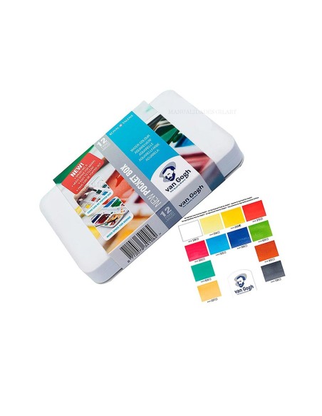 Estuche cerrado de acuarelas Van Gogh Pocket Box junto a su carta de 12 colores libres