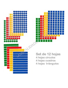 Set de 12 hojas de Gomets APLI: Círculos, cuadrados y triángulos para manualidades escolares.