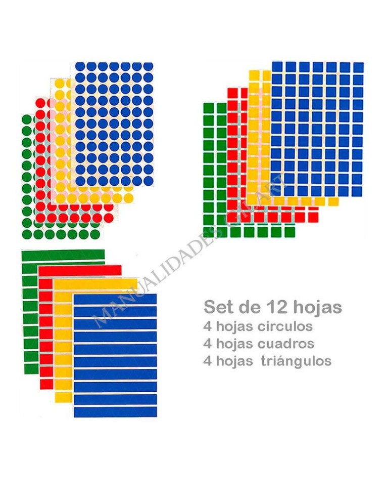 Set de 12 hojas de Gomets APLI: Círculos, cuadrados y triángulos para manualidades escolares.