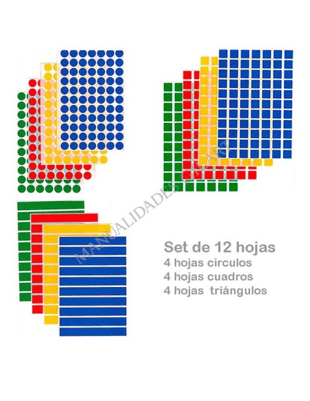 Set de 12 hojas de Gomets APLI: Círculos, cuadrados y triángulos para manualidades escolares.