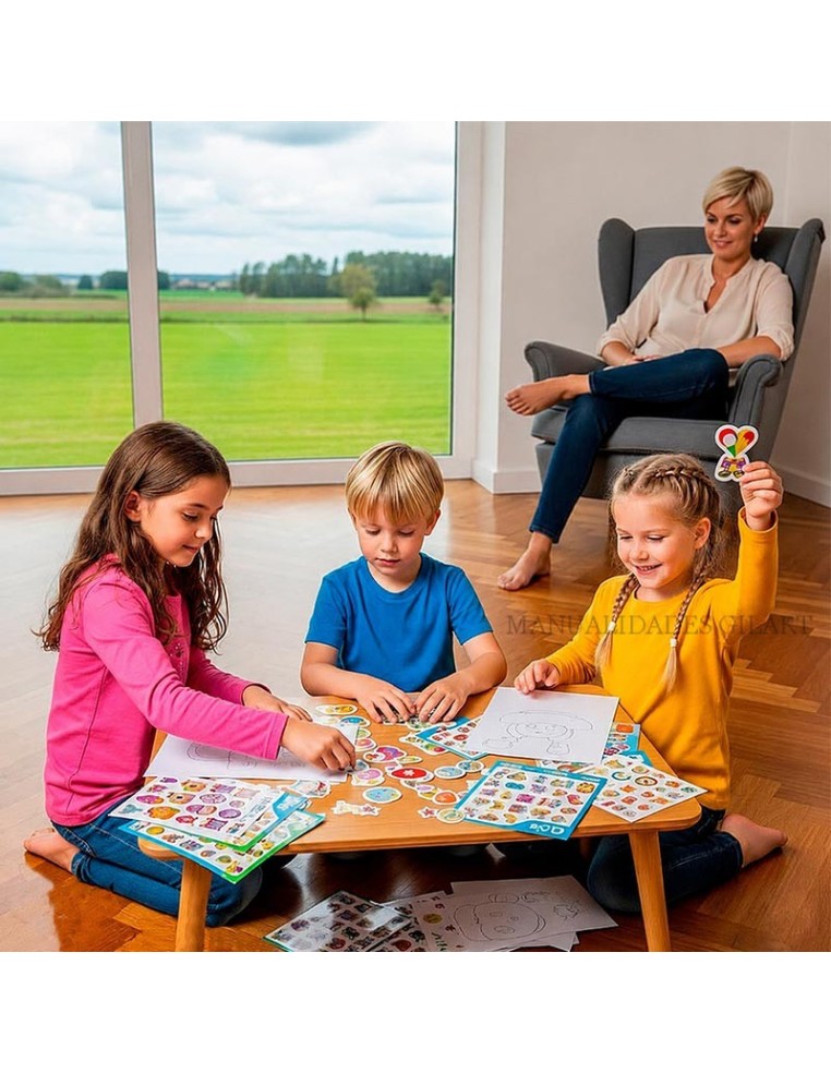 Niños en familia utilizando pegatinas removibles de gomets temáticos vestirse niño APLI