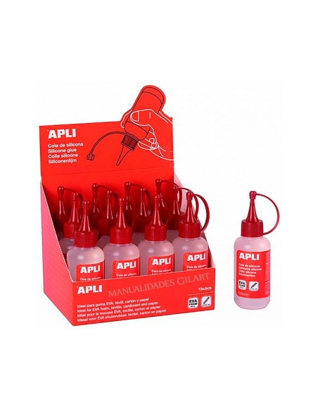 Expositor comercial de cola de silicona líquida Apli de 100 ml en caja de 12 unidades para colegios y talleres