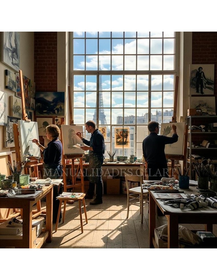 Artistas utilizando caballetes de madera de haya en un estudio de pintura con lienzos de gran formato