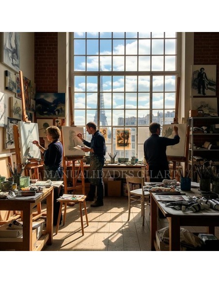 Artistas pintando sobre lienzos en un estudio de arte utilizando caballetes trípode regulables de madera