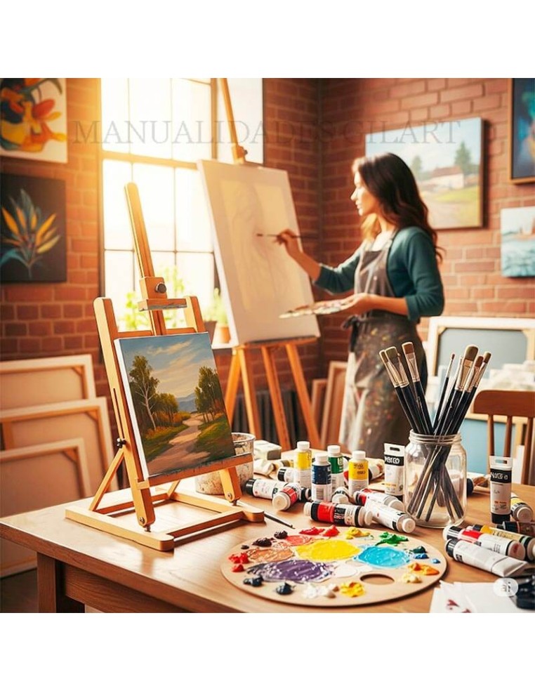 Artista pintando en su taller de arte con un caballete de sobremesa regulable de madera