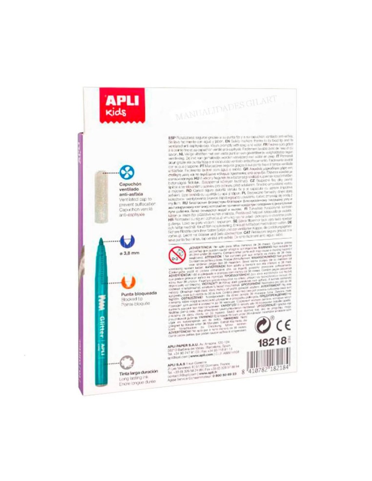 Reverso de la caja de rotuladores Glitter Apli Kids con especificaciones técnicas y tinta lavable.