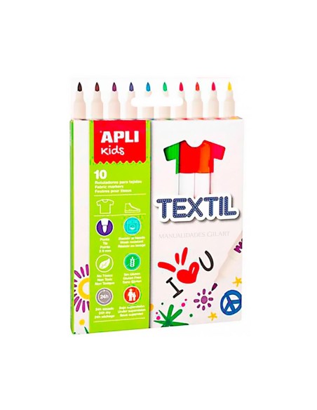 Rotuladores Textiles Apli Kids 10 Colores permanentes para pintar en ropa y manualidades de tela