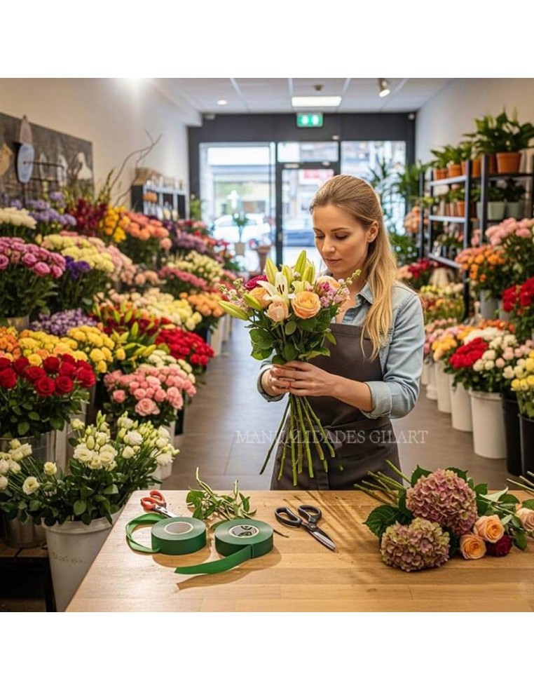 Florista trabajando en su taller de artesanía utilizando cinta floral verde de 12 mm en la creación de ramos de flores.