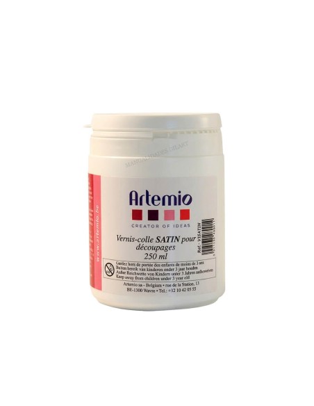 Vista frontal de la etiqueta del barniz cola satinado Artemio de 250 ml.