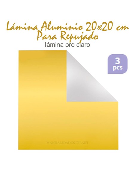 Infografía explicativa de las tres piezas de lámina oro claro de 20x20 cm para repujar.