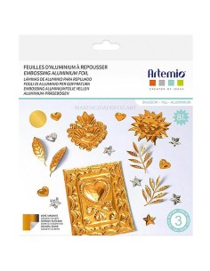 Láminas de aluminio para repujado oro claro y plata 20x20 cm en su envase original de tres unidades.
