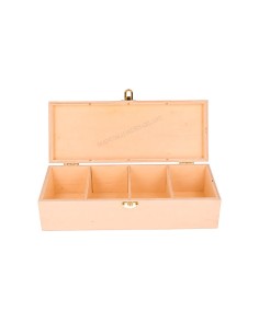 Caja de madera natural para infusiones de 27x10.5x8 cm abierta con 4 compartimentos de té.