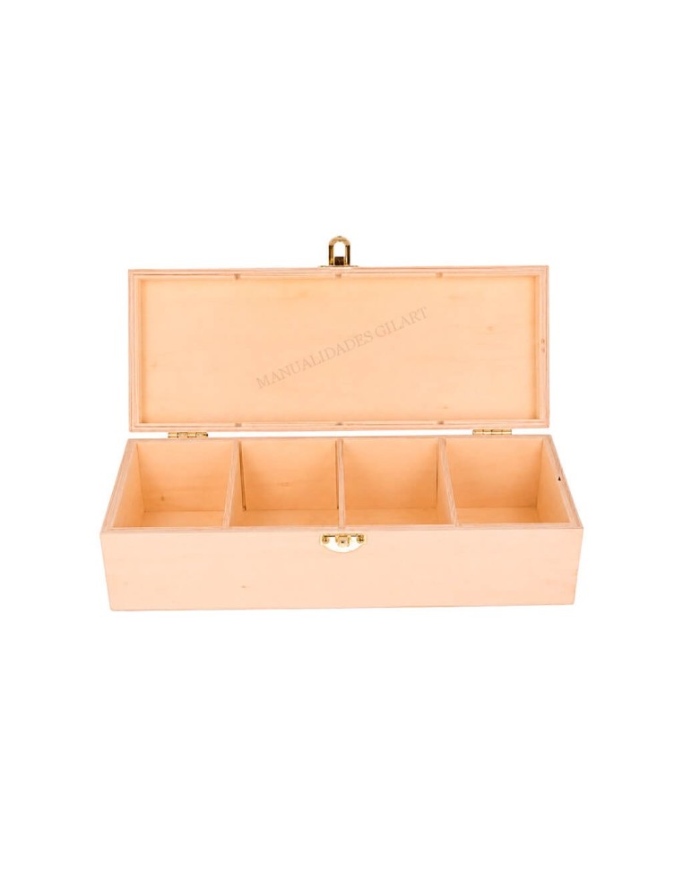 Caja de madera natural para infusiones de 27x10.5x8 cm abierta con 4 compartimentos de té.