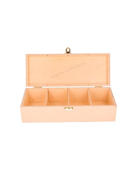 Caja de madera natural para infusiones de 27x10.5x8 cm abierta con 4 compartimentos de té.