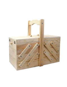 Costurero extensible de madera de pino natural cerrado con asa de transporte de 29x32x16 cm.