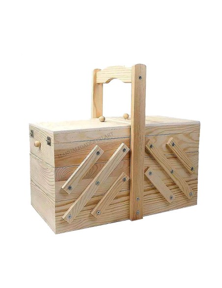 Costurero extensible de madera de pino natural cerrado con asa de transporte de 29x32x16 cm.