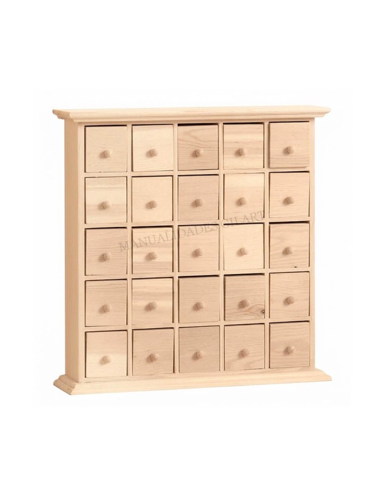 Mueble organizador de madera de pino con 25 cajones para calendario de adviento de Artemio.