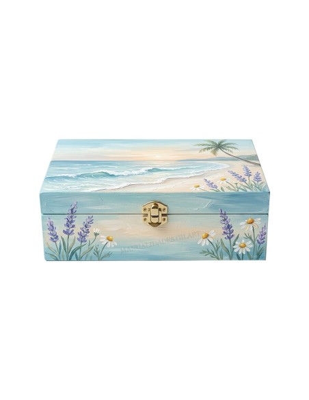 Caja para infusiones de madera decorada a mano con paisaje de playa y flores mediante pintura acrilica.