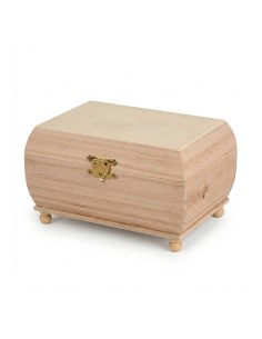 Cofre de madera natural con cierre metálico dorado y patas esféricas para manualidades.
