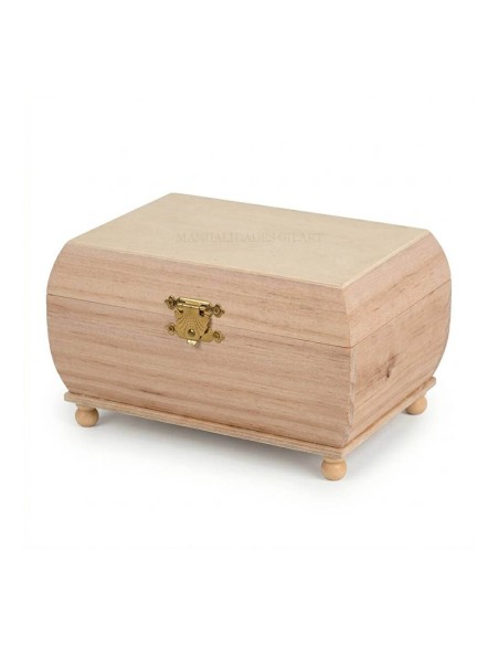 Cofre de madera natural con cierre metálico dorado y patas esféricas para manualidades.