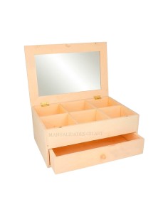 Joyero de madera natural abierto con espejo interior 6 compartimentos superiores y cajón para decorar.