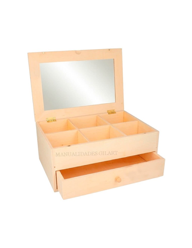 Joyero de madera natural abierto con espejo interior 6 compartimentos superiores y cajón para decorar.