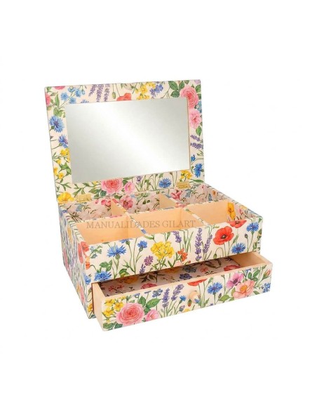 Joyero de madera decorado con papel de arroz de flores silvestres amapolas lavanda y espejo interior.