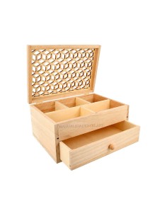 Joyero costurero madera natural Artemio 20x14x10 cm tapa calada geométrica para organizar.