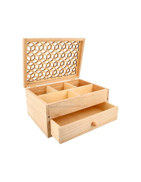 Joyero costurero madera natural Artemio 20x14x10 cm tapa calada geométrica para organizar.